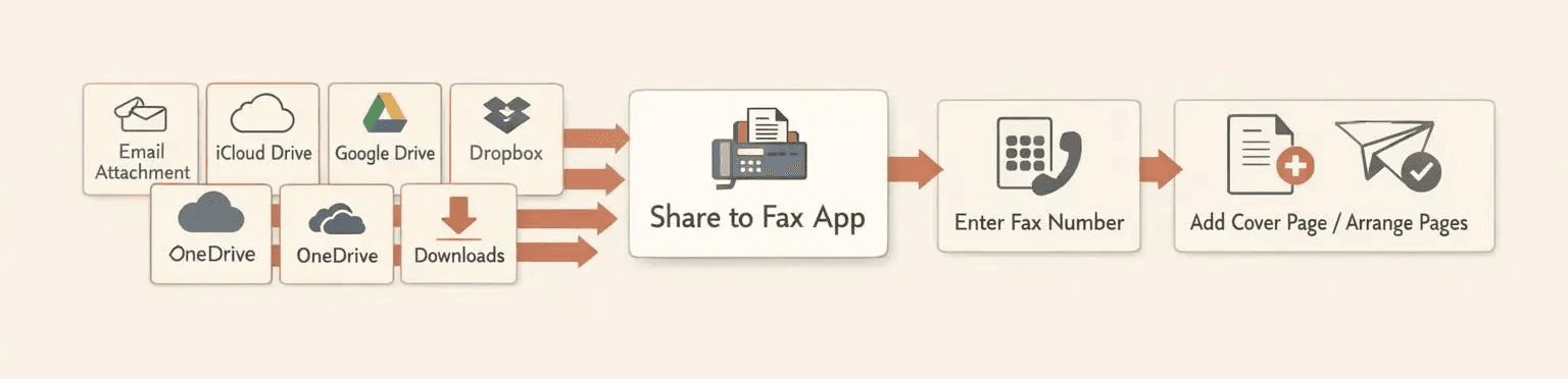 A horizontal workflow diagram showing how documents move from iPhone storage apps into a fax app, warm editorial infographic style