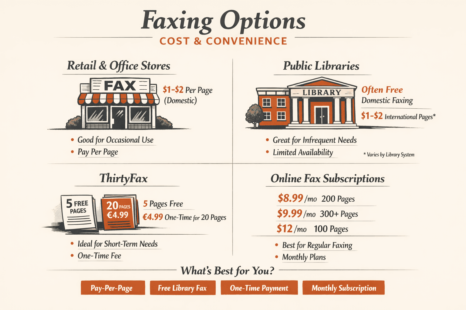 infographic comparing the cost and convenience of four faxing options: retail and office supply stores at about $1 to $2 per domestic page, public libraries often free for domestic faxing and sometimes free or $1 to $2 per international page depending on the system, ThirtyFax free for 5 pages or €4.99 one-time for 20 pages, and monthly online fax subscriptions including Fax.Plus at $8.99 for 200 pages, Dropbox Fax at $9.99 for 300+ pages, and MyFax at $12 for 100 pages