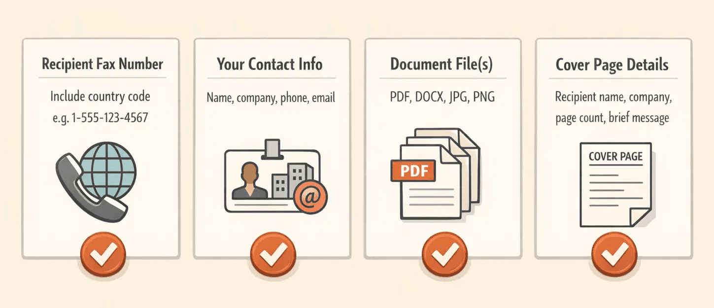 A horizontal four-part checklist diagram showing the required information to send a fax, warm editorial infographic style