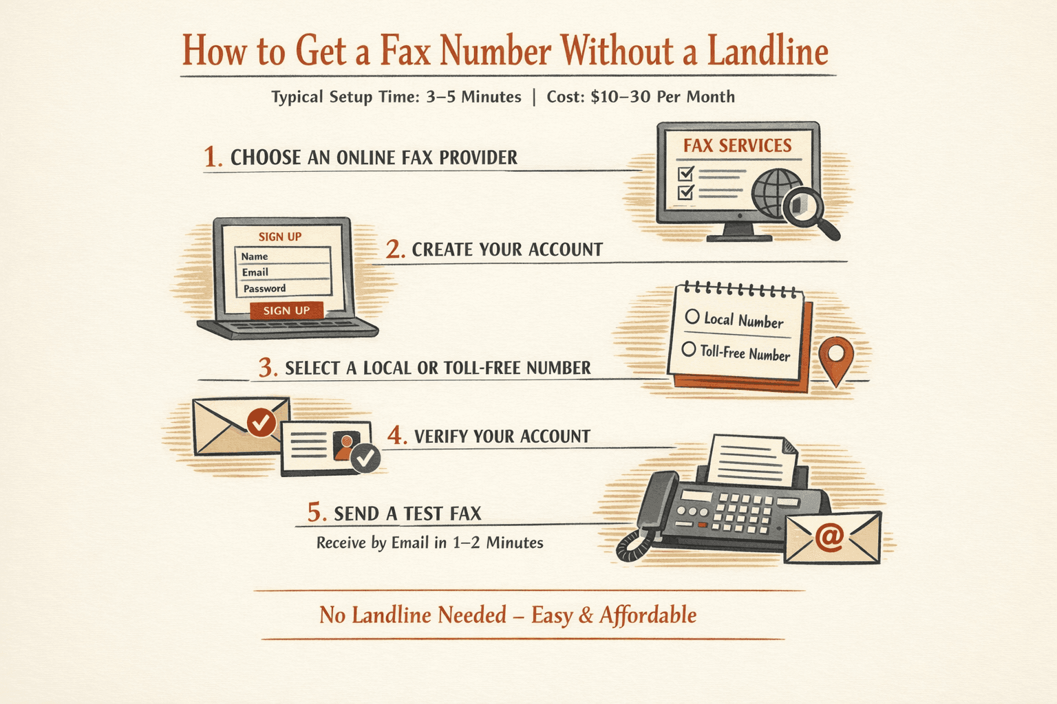 Create a step-by-step infographic showing how to get a fax number without a landline in five steps: choose an online fax provider, create an account, select a local or toll-free fax number, verify the account, and send a test fax that arrives by email within 1–2 minutes