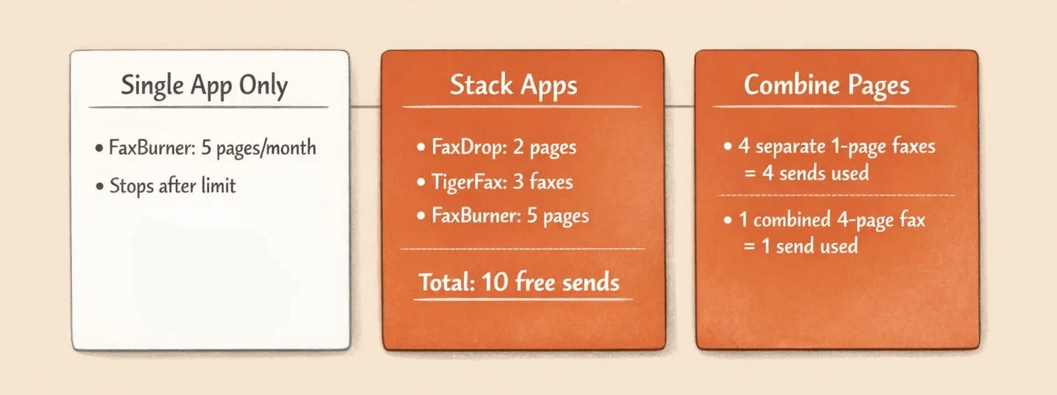 A horizontal comparison diagram showing three ways to maximize free iPhone fax pages, warm editorial infographic style