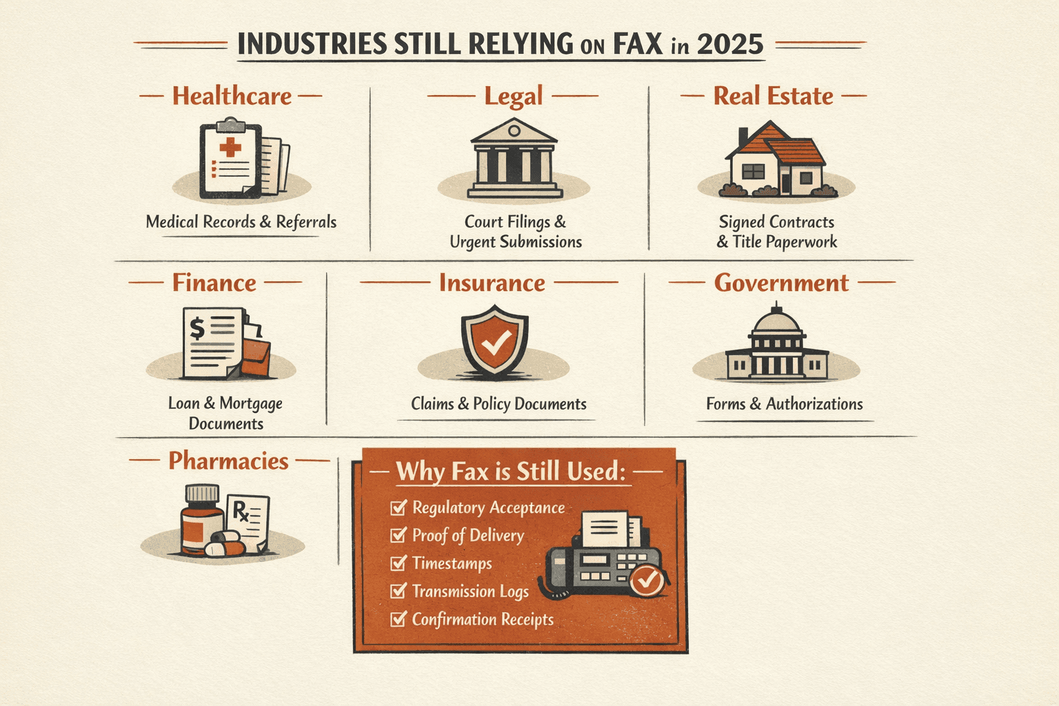 Create a sector-by-sector comparison infographic showing the main industries that still rely on fax in 2025: healthcare for medical records and referrals, legal for court filings and urgent submissions, real estate for signed contracts and title paperwork, finance for loan and mortgage documents, insurance for claims and policy documents, government for forms and authorizations, and pharmacies for prescription orders