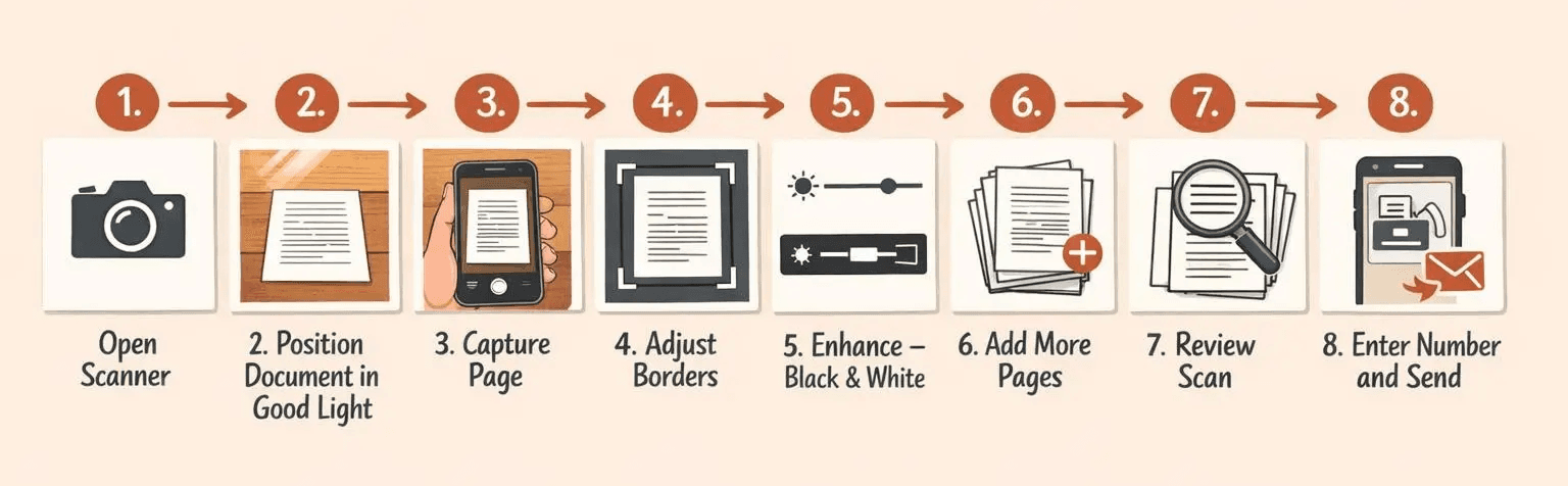 An eight-step horizontal illustrated guide for scanning and faxing a paper document with an iPhone, warm editorial instructional style