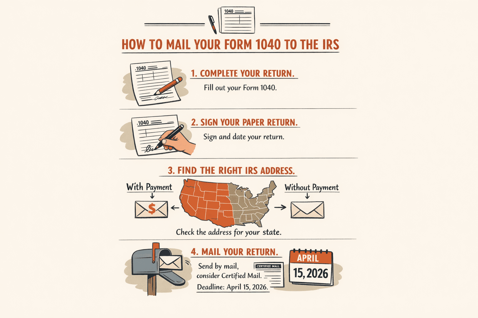 a step-by-step infographic showing how to mail a paper Form 1040 to the IRS in four steps: complete the return, sign the paper return, find the correct IRS mailing address based on state and whether payment is included, and send it by mail with optional certified mail tracking before the April 15, 2026 deadline for 2025 returns
