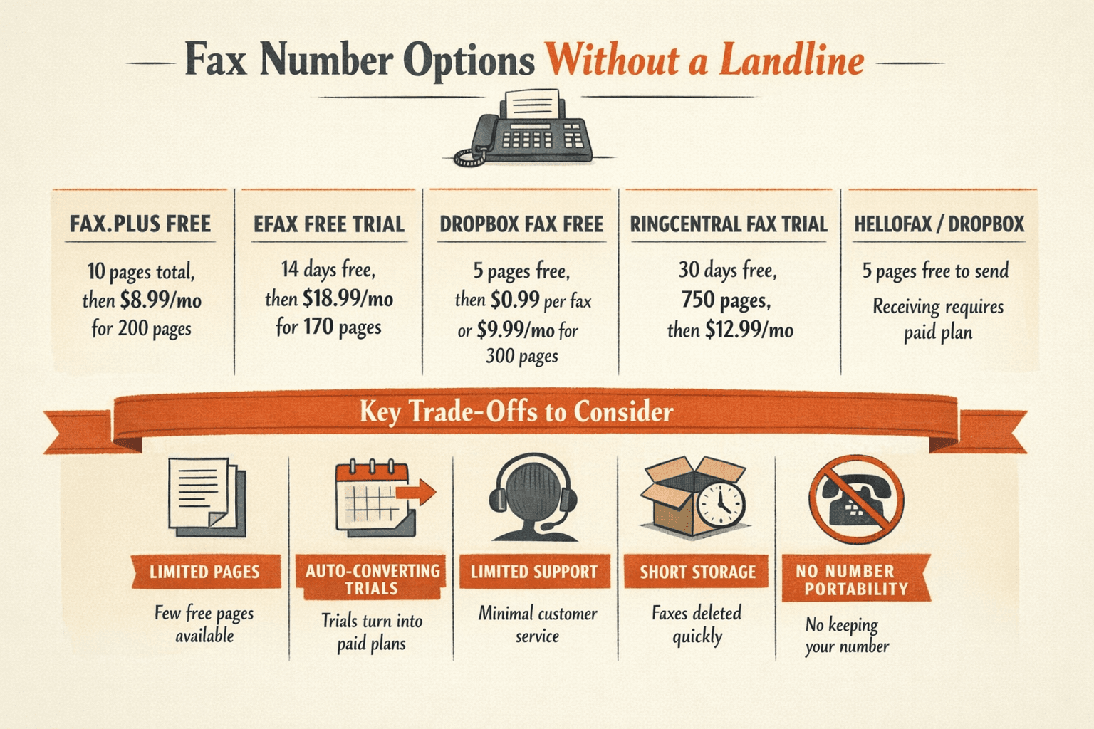 Create a comparison infographic of five free or trial-based fax number options for people without a landline: Fax.Plus Free with 10 pages total lifetime then $8.99/month for 200 pages, eFax Free Trial with 14 days free then $18.99/month for 170 pages, Dropbox Fax Free with 5 free pages then $0.99 per fax or $9.99/month for 300 pages, RingCentral Fax Trial with 30 days free and 750 pages then $12.99/month, and HelloFax / Dropbox Fax with 5 pages free for sending while receiving requires a paid plan