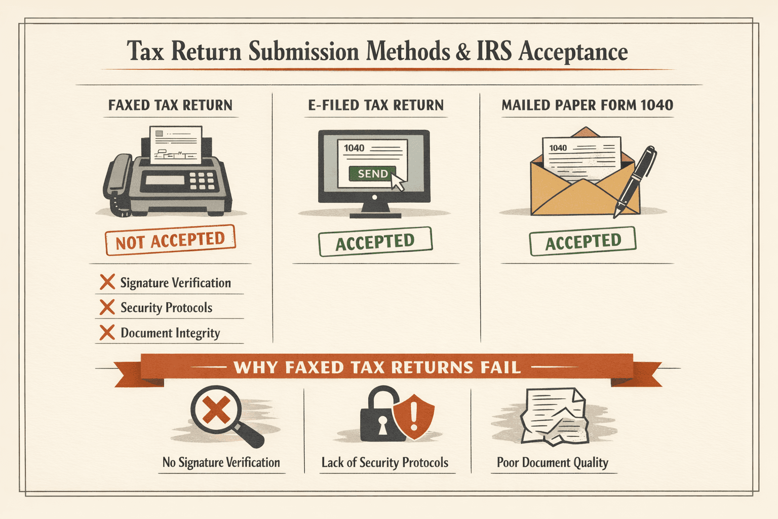 a comparison infographic showing the three tax return submission paths and their IRS acceptance status: faxed tax return — not accepted; e-filed tax return — accepted; mailed paper Form 1040 with original signature — accepted