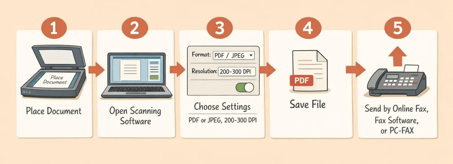 A five-step horizontal illustrated guide for faxing a scanned document from a computer, warm editorial instructional style