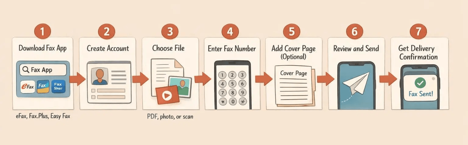 A seven-step horizontal illustrated guide for sending a fax from an iPhone with a fax app, warm editorial instructional style