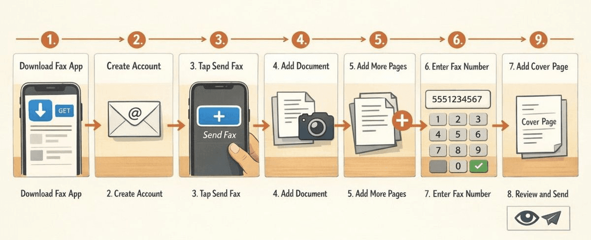 A nine-step horizontal illustrated guide for sending a free fax from iPhone, warm editorial instructional style