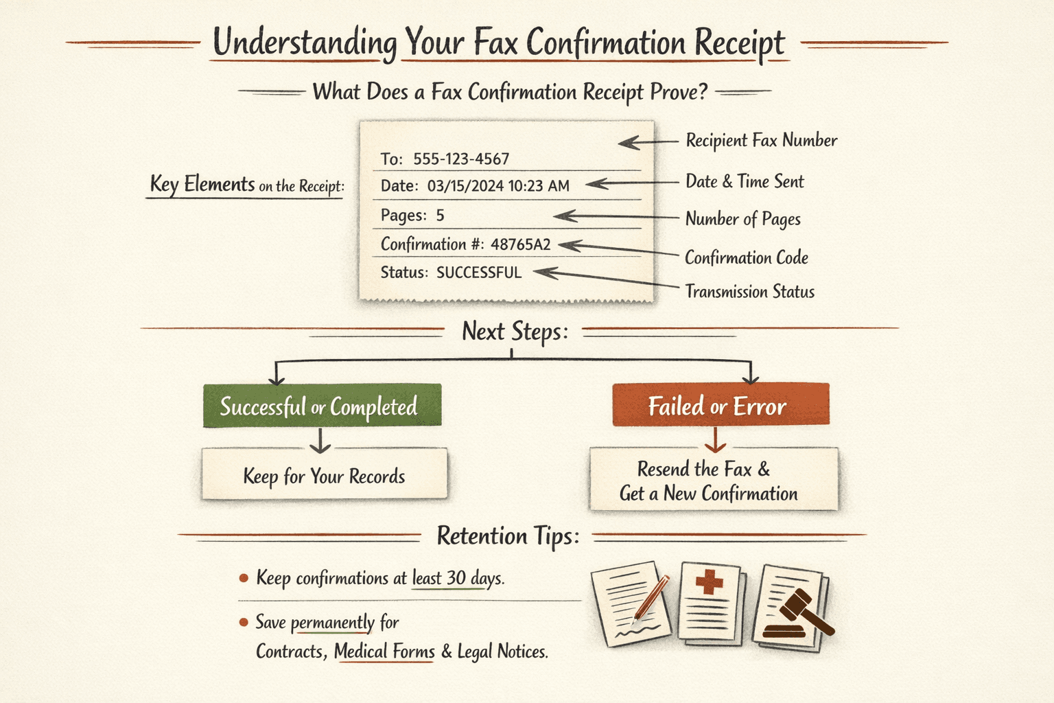 Create an informational infographic explaining what a fax confirmation receipt proves and how to use it