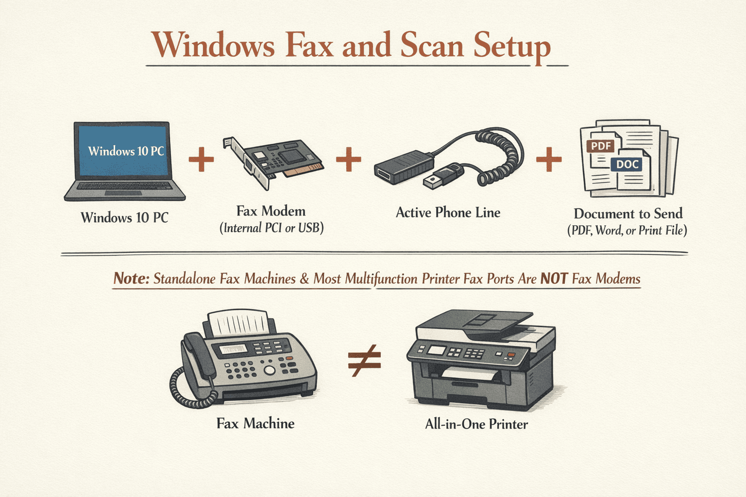 An infographic showing the required setup for Windows Fax and Scan